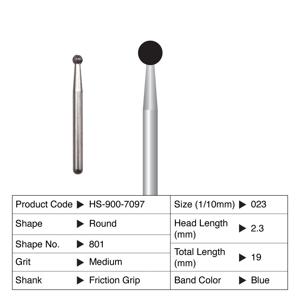 HS Maxima Diamond Bur Round Friction Grip Medium 801-023M 5/Pack