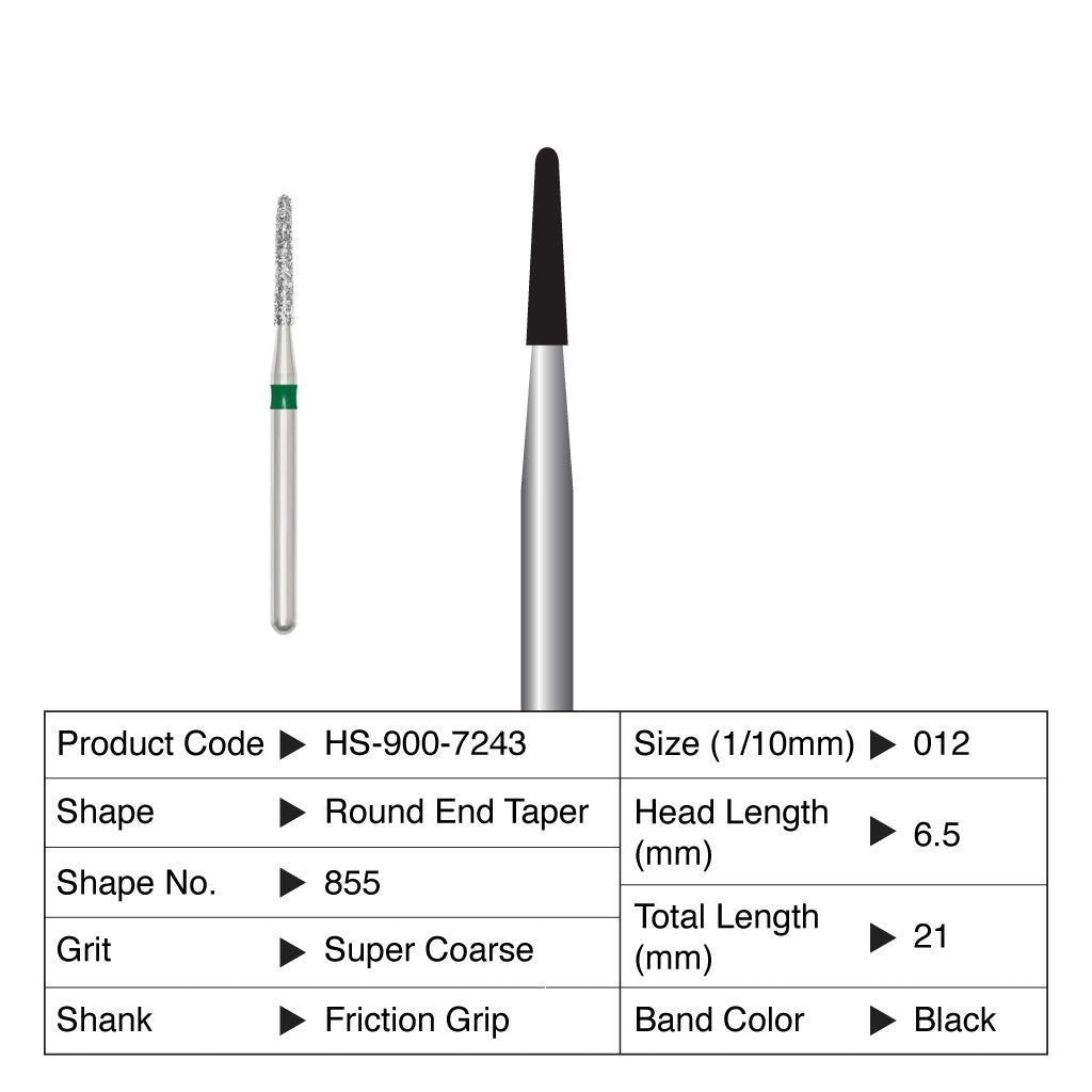 HS Maxima Diamond Bur Round End Taper Friction Grip Super Coarse 855-012SC 5/Pack