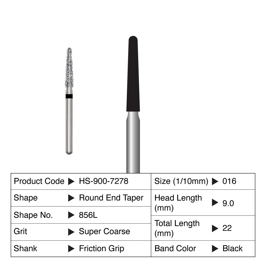 HS Maxima Diamond Bur Round End Taper Friction Grip Super Coarse 856L-016SC 5/Pack