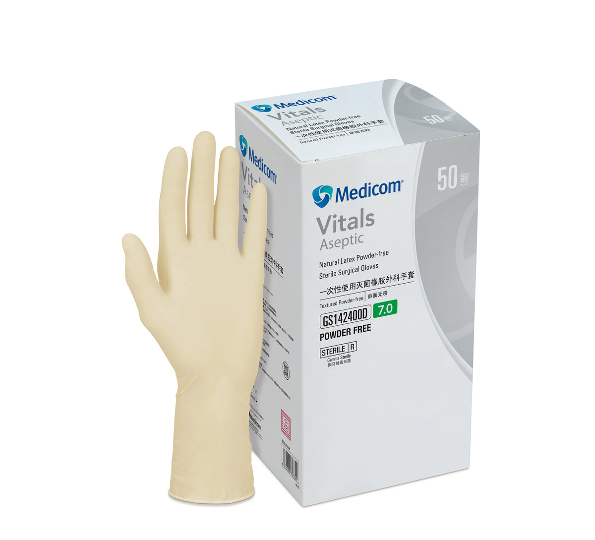 Vitals Aseptic Natural Latex Powder-Free Sterile Surgical Gloves 7&quot;